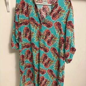 All For Color Blue 3/4 Sleeve Boxy Button Front Top